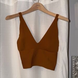 Ribbed V-Neck Crop Tank Top - Brown